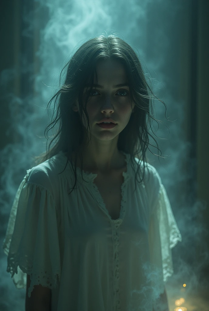The man encounters a ghostly figure—a woman in tattered clothing, her eyes filled with deep sorrow. She moves slowly, her eyes brimming with tears as she mourns her lost home and people.