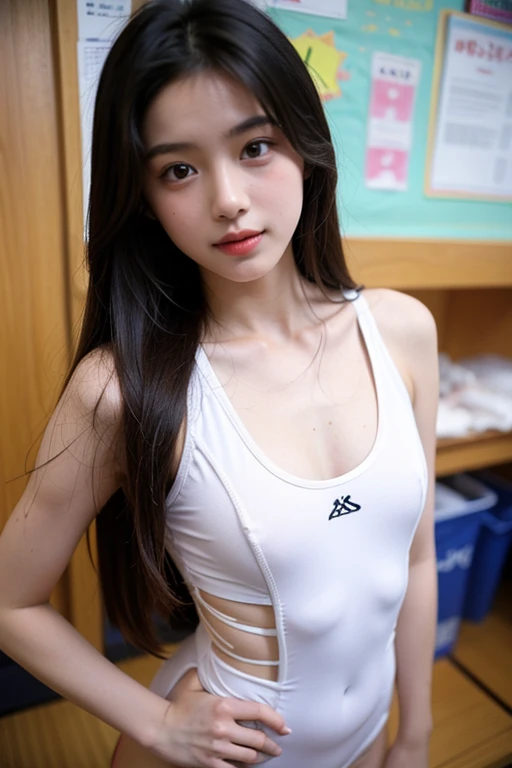 (masutepiece:1.3), (8K, Photorealistic, Raw photo, Best Quality: 1.4), Japanese, (1girl in), Beautiful face, (Realistic face), (Black hair), Beautiful hairstyle, Realistic eyes, Beautiful detailed eyes, (Realistic skin), Beautiful skin, Attractive, 超A high resolution, A hyper-realistic, Highly detailed, The golden ratio r, (school swimsuit)
( change clothes in the locker room:1.4),full body,(looking away, looking afar, looking at another, looking to the side:1.1)
(best quality), (high detailed face), fresh lips,
((1girl)), Japanese, ((( 18 years old ))),(Messy hair:1.1),