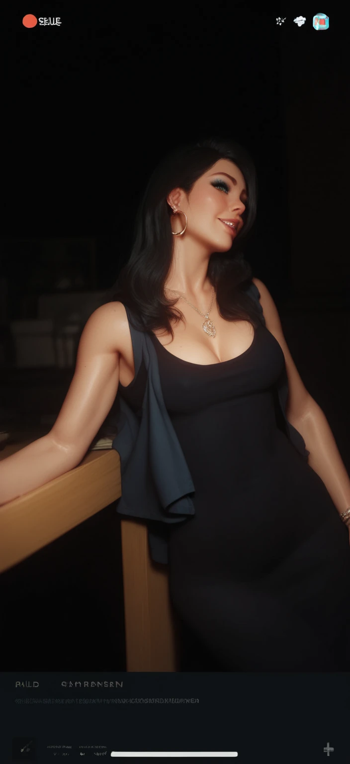 aubrey plaza age 40, sitting at dinner table, fancy restaurant, place settings, big hair, (sexy:1.25), SFW, plain evening gown, (long hair:1.25), big hair, food, drink, clothed breasts, (colossal massive huge gigantic breasts:1.1), (skindentation:1.5)