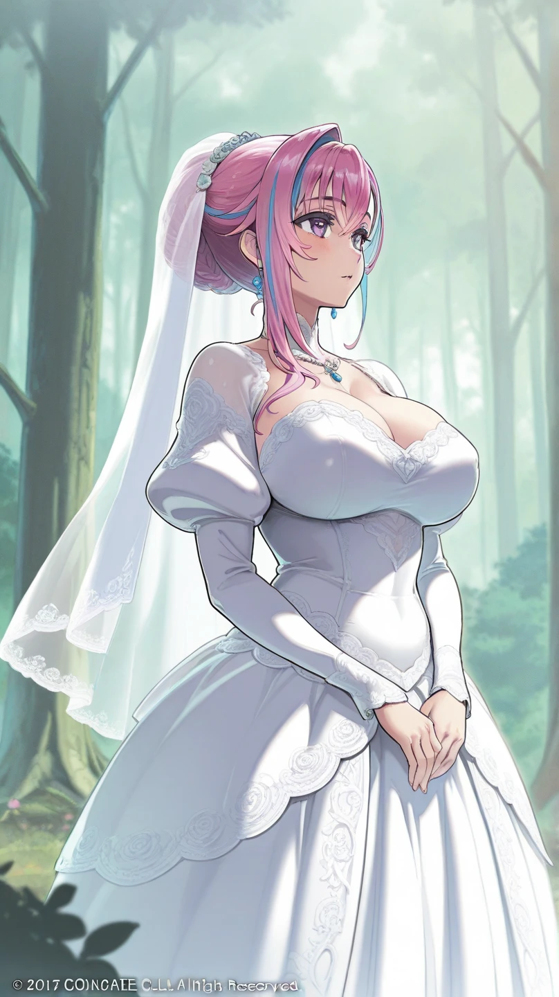 Large breasts, Cute girl, large breasts, big sized breast, white belt on her neck, shiny skin, open neckline, (very tight plain white micro bikini, wedding veil, white flower wedding crown), cleavages, ultra realistic eyes , garden outside, pink cooler hair, bright green eyes, ultra realistic detailed eyes, innocent eyes, looking at camera, long hair,