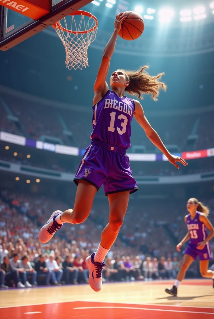 photo of a 18 year old girl,basketball player in a yellow shorts jumps in the air,holding a ball in her hand and shooting it towards the hoop,happy,laughing,looking at viewer,basketball court,ray tracing,detail shadow,shot on Fujifilm X-T4,85mm f1.2,depth of field,bokeh,motion blur,<lora:add_detail:1>,