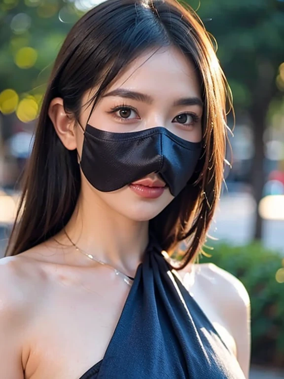 Asian girl, beautiful, shirtless, censored with black tape wrapped around her body, covered with black tape as well, wrapped tightly around her body. 