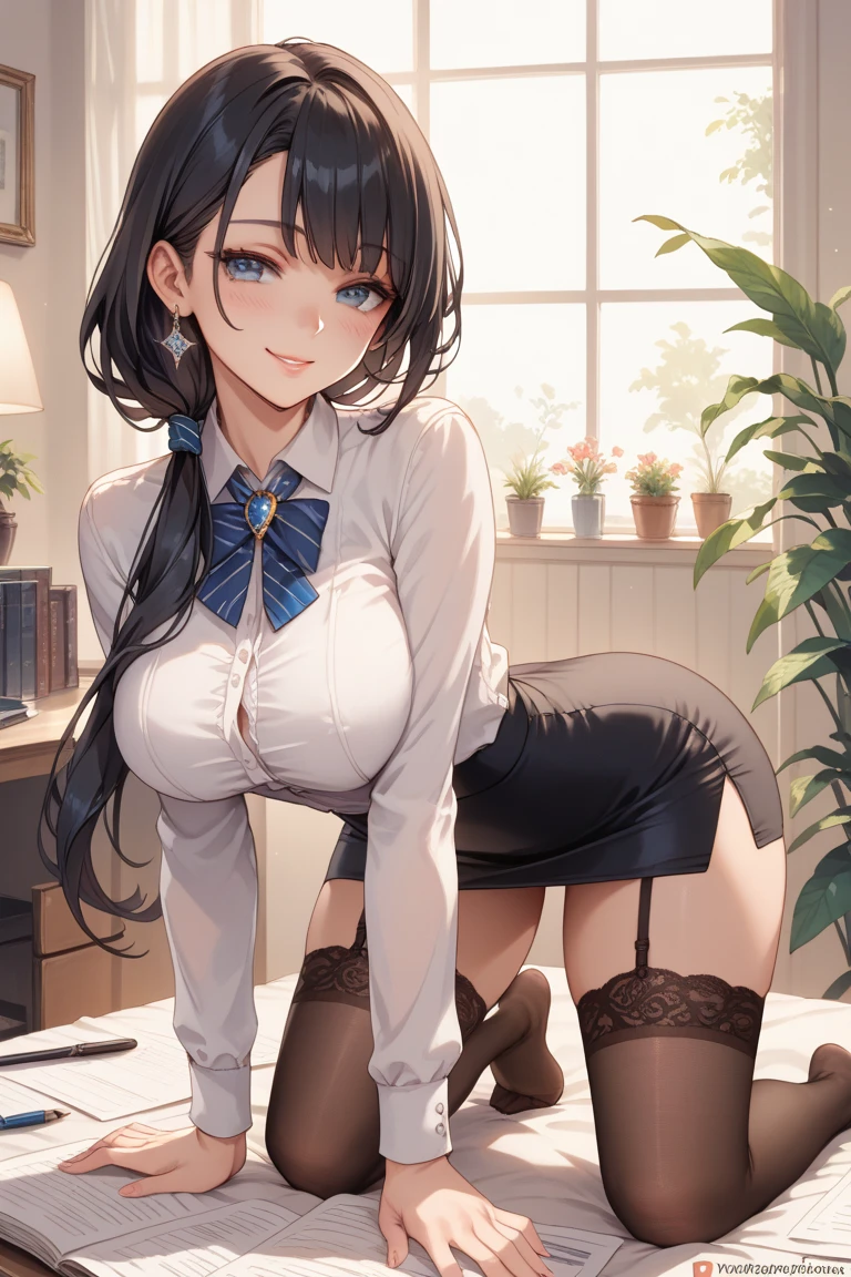 masterpiece, best quality, best lighting, shadows, dynamic angle, front view, perfect anatomy, 1 girl, 21 years old, mature features, black wavy hair, black eyes, seductive eyes, blushing, flirty, pretty smile, tiny red skirt, white tight shirt, semi open shirt, black thigh highs, classroom background, ass, breast, thighs, nsfw,