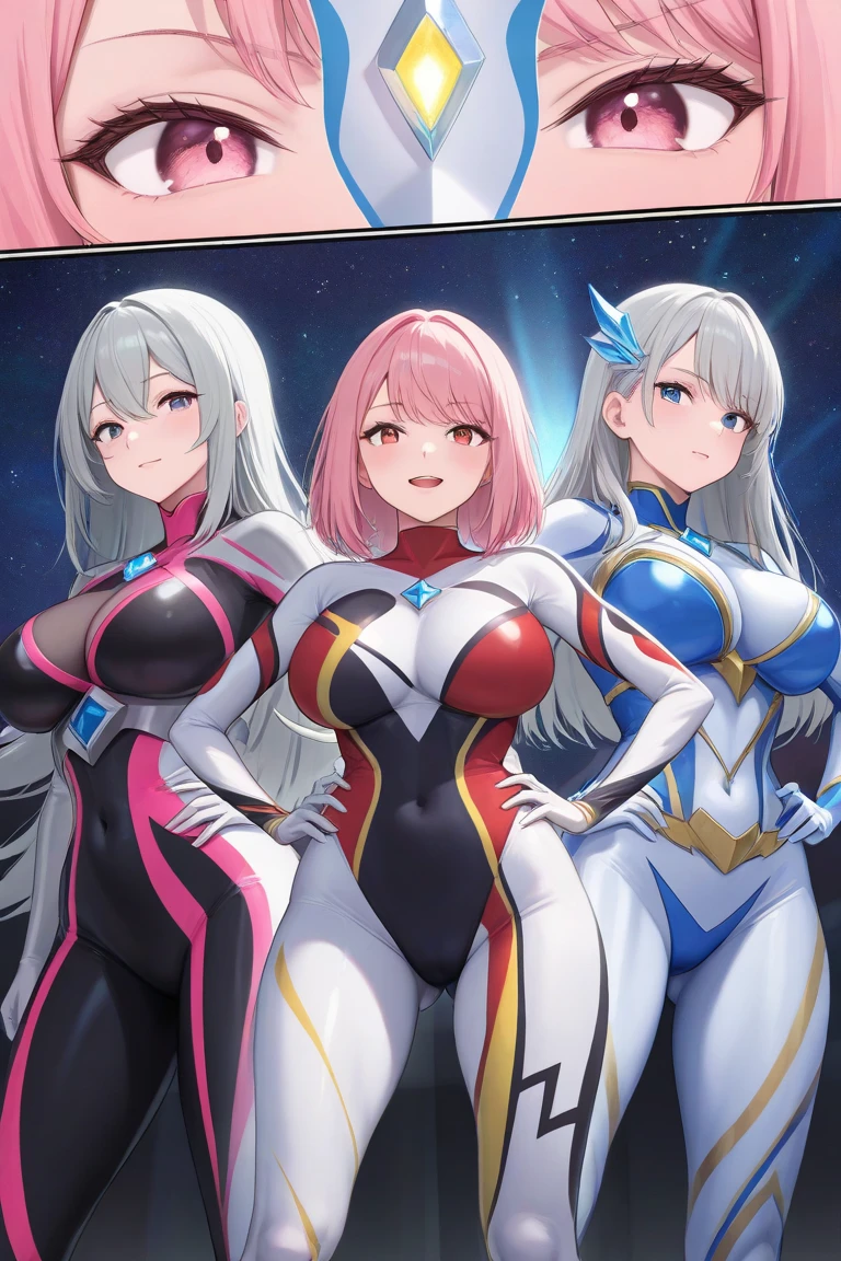 a masterpiece photo of 3 beautiful plump cyan-haired sisters with long voluminous hair, cyan haired sisters, different hair colors, matching hairstyles, hazel eyes, big And round bust, matching uniforms, serious, flat color, same height, organized pose, back to back, best quality, 4k, 8k, highres, masterpiece:1.2, ultra-detailed, realistic, photorealistic, photo-realistic:1.37, HDR, UHD, studio lighting, ultra-fine painting, sharp focus, physically-based rendering, extreme detail description, professional, vivid colors, bokeh