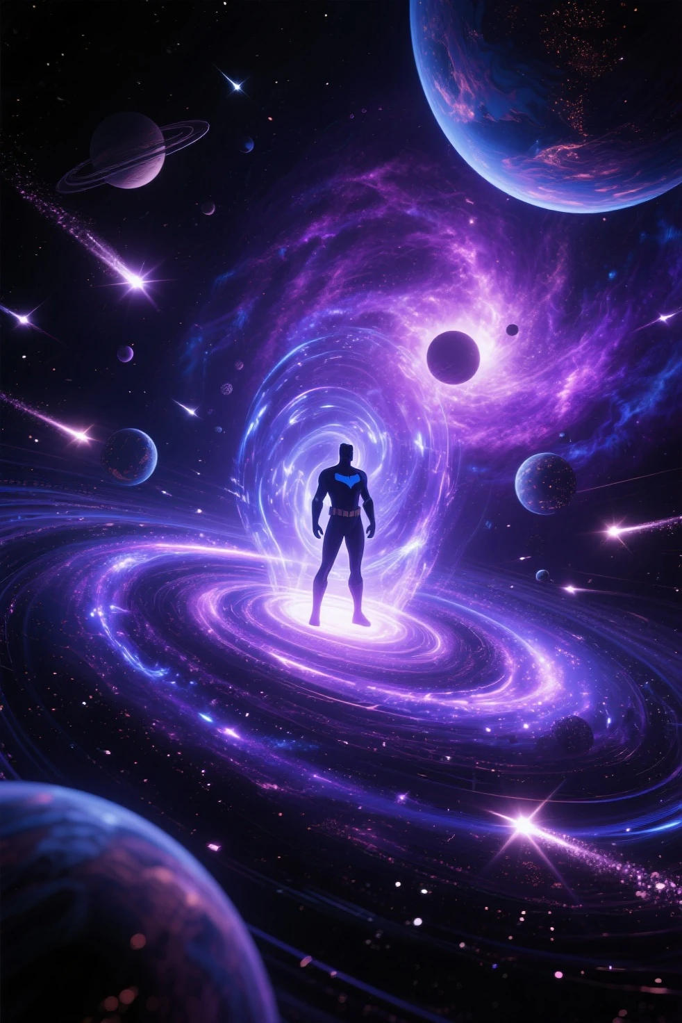 In the vast expanse of the cosmos, a nebula-shaped creature emerges before the serene surface of a distant planet. The creature's ethereal form undulates with an iridescent glow, as if infused with the essence of stardust. Amidst the swirling vortex of blue and purple hues, lightning bolts crackle through the darkness, casting an otherworldly ambiance upon the celestial scene.
