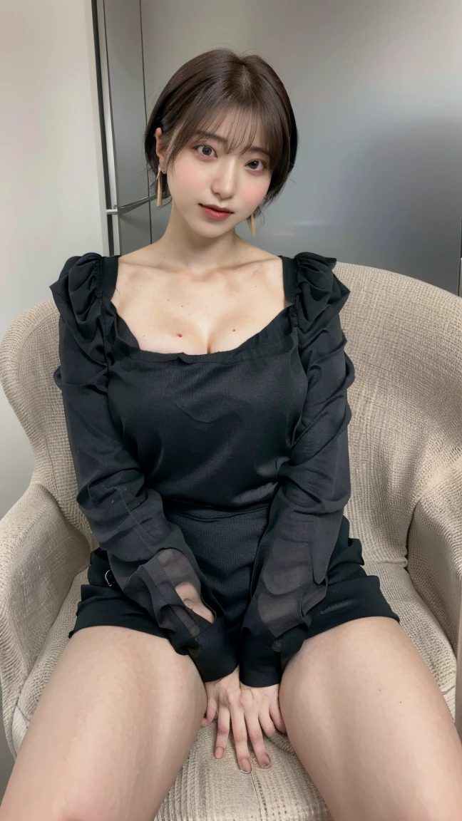 (masterpiece), best quality, expressive eyes, perfect face, a asian girl, (spiky medium black hair),(pixie cut), huge breasts, (white short top), slim body 1:1, ((serious expression)) 1:1, ((pale skin))1:1, sitting, indoor, in a bedroom