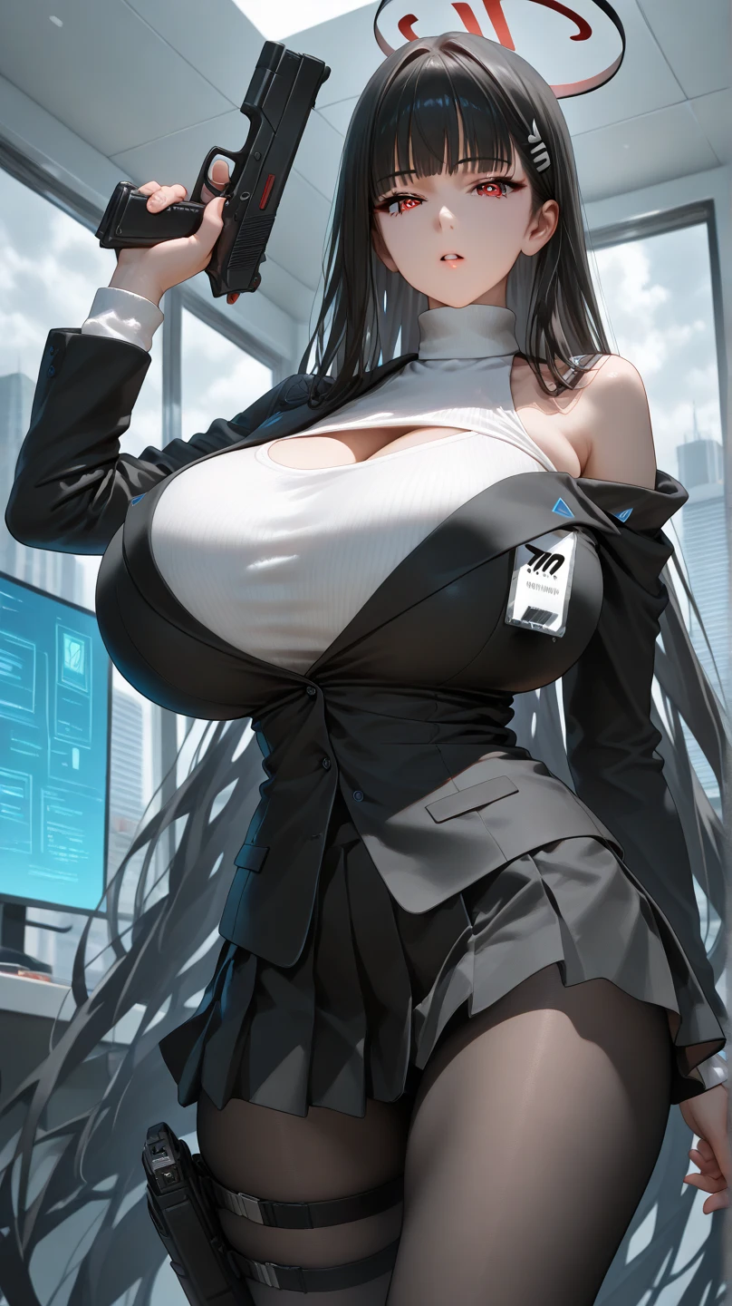 (gigantic breasts:1.7)，Solo，nun，pary，Female Taoist，Chinese medicine，Black hair，Golden pupils，Black high heel boots，Sit in a waiting chair at the bus stop，Wait for the bus，Heavy rainy days，Serious expressions
