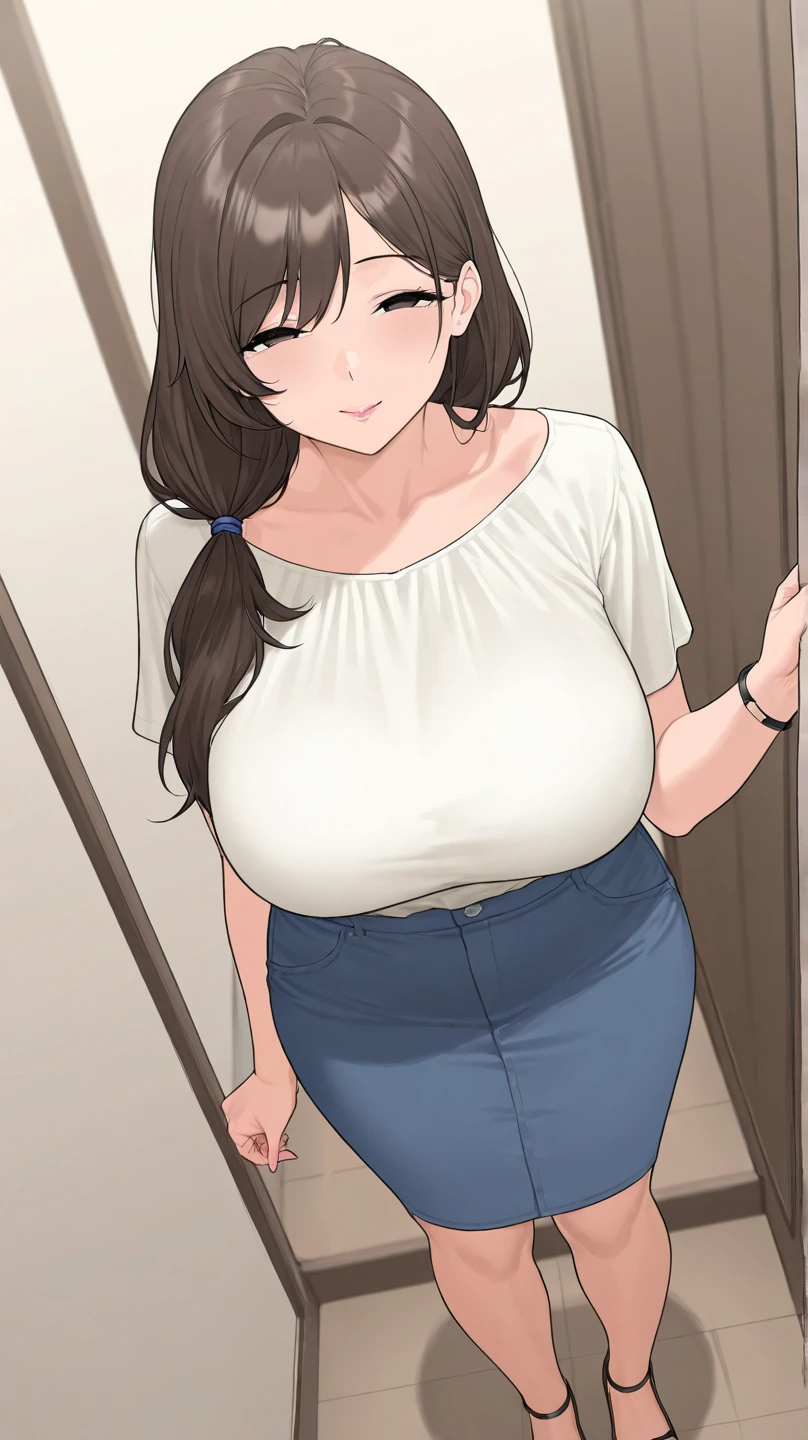 (8k、Best image quality、Highest quality、masterpiece)、Detailed face、One Girl、Black Hair、Twin tails、Bright Blue Eyes、Wicked Smile、((Grin))、Small breasts、((White knit))、Off the shoulder、Strapless、((Denim pencil skirt))、((pantyhose))、Cowboy Shot、entrance、Open the door、(A big, muscular black man hugging her from behind:1.3)