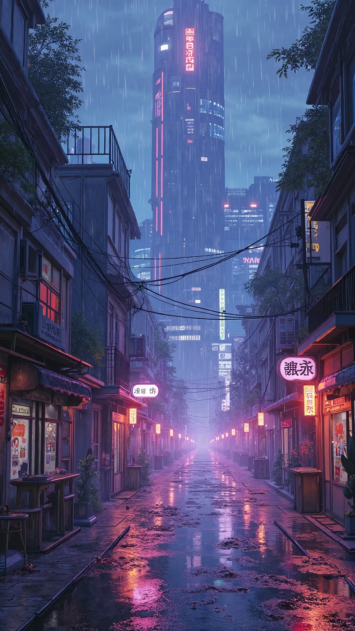 (Pixel art_1.1)One girl,Very long hair,night,street,kitten,Small puddle,rain,Neon Light,Hongkong,cyber punk,Eating a popsicle,Insert pocket,strap,Short sleeve,white