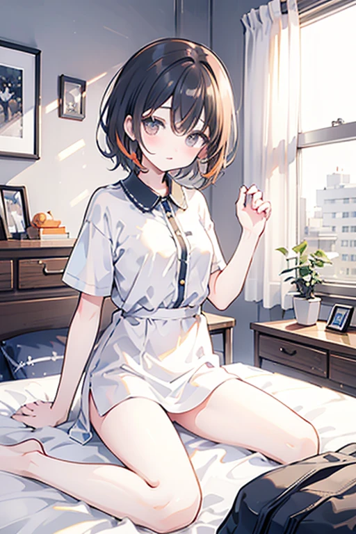 (1 person、alone), Beautiful woman, detailed face, (High-definition and beautiful eyes)、(Anatomically perfect body), Slender、White nurse uniform、(Japanese style nurse uniform), Knee-length dress、nurse、(Lying on the bed:1.3), (Lift your legs, Bend your knees)、The legs are thin、18-year-old、(Highest quality)、Black Hair, (8K, High resolution)、(shy:1.4)、medium breast, (steam:1.1), (embarrassed:1.3), show off nipples under shirt, (Wide Shot)