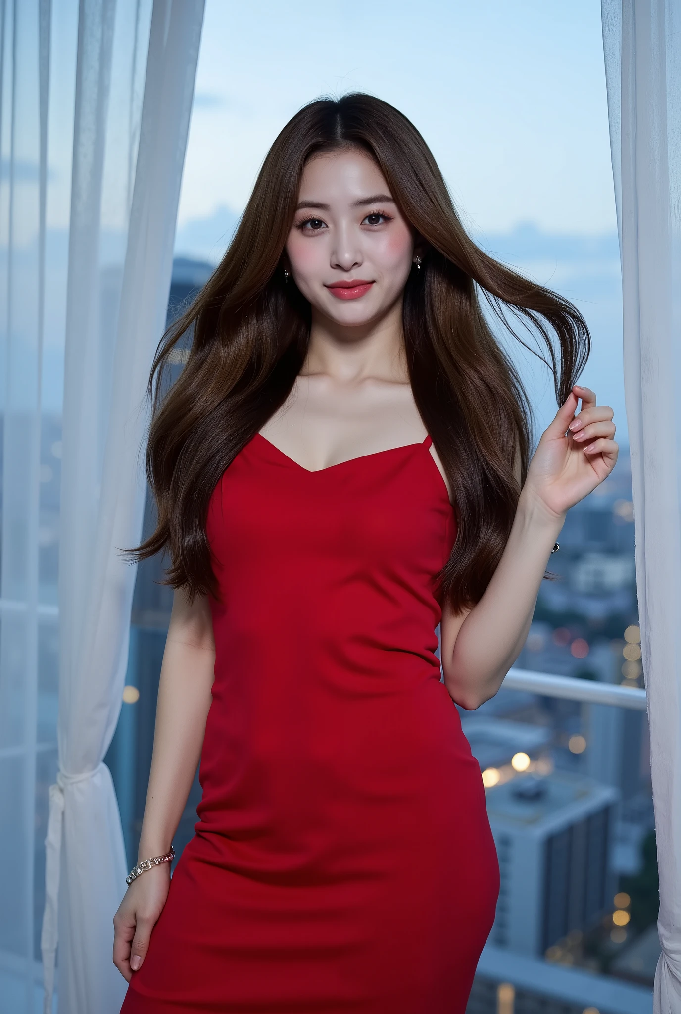 1 adult female, long hair, curly hair, black hair color, smooth skin, brown eyes, Make you smile,  time々, red long dress, realist, With city night view background, 8k super realist, super detalhado e realist