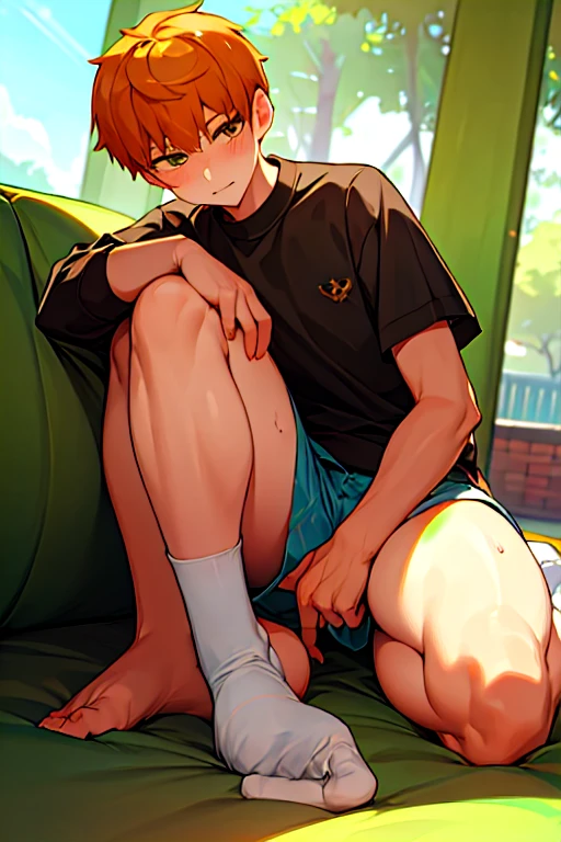 (absurdres, highres, ultra detailed),((masterpiece)), ((best quality:1.1)), High Resolution, 8k,1boy, (crotch bulge:1.1), shaded face, (white crew socks:1.1), (white ribbed socks:1.2), no-show socks, invisible socks, toes under socks, shorts,seamless socks, (puffy, (from below:1.1),game cg,
blue eyes, looking at viewer, short hair, facial, hand on knee, athlete,
seat on school staircase steps,anime style, indoors,