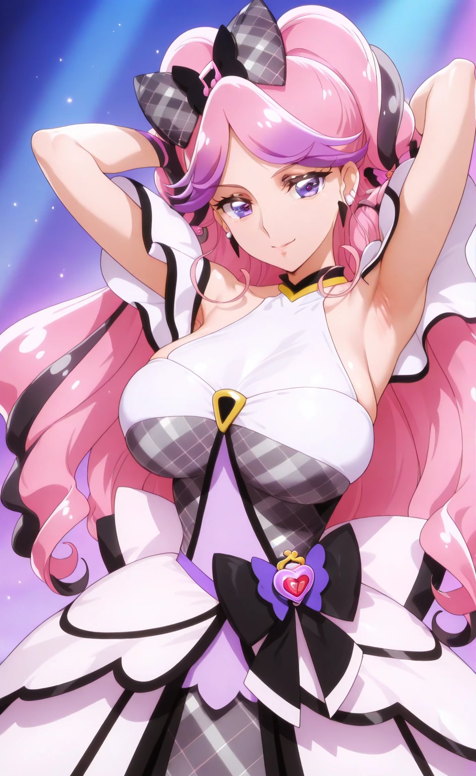 1girl, bright, light purple hair, light purple hair gradient pink hair, pink hair, twin tails, green eyes, double teeth, multicolored hair, saleme, side lights, light particles, wallpaper, plump, idol, swimsuit, loose fluffy, smile, gentle, clear,