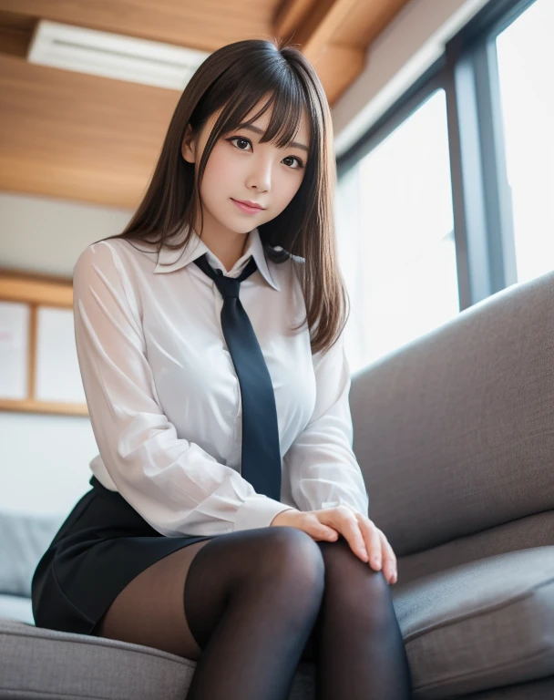 (top-quality, masterpiece: 1.1), 1girl in, The whole body from head to toe, A beautiful 35-year-old office lady sits with her legs spread out on a chair in the office light., Costumes with a lot of exposed skin, Bewitching waist, sexypose, Looking at the camera, Manteau blanc, Costumes with a wide open chest, Tback panty, No bra, OL, Nipple protrusions reflected in a thin blouse, Crystal clear white skin, Gold accessories on hands and feet, sweat all over, Black stockings, high-heels, The whole body is tied with a rope