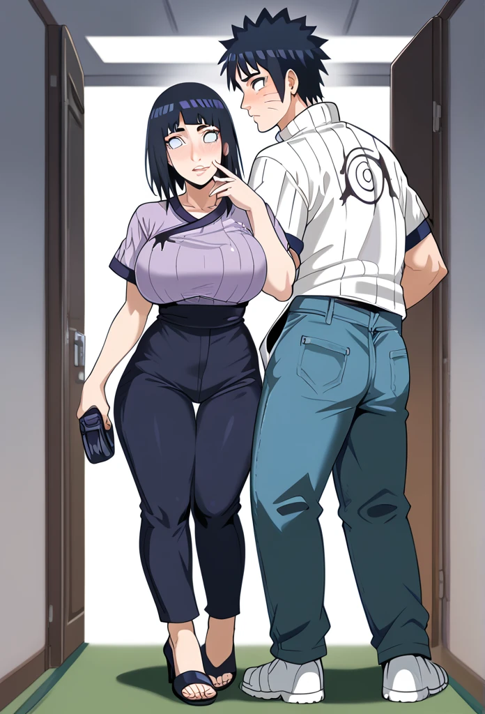 parte mestre, absurdos, Hinata\(boruto\), 1 garota, Sozinho,mulher madura, capuz roxo,mangas em camadas, short jeans marrom sexy, ao ar livre, cloudy sky, perfect composition, circumstantial lips, peito grande, Bonito rosto, Body Proportion, corar, (pink lips), pelo negro corto (PELO NEGRO), olhos lilases, smooth appearance, super realista, circunstanciado, photoshoot, rosto e corpo realistas, cabelo realista, olhos realistas, nariz realista, realistic lips, jeans marrom, animado, dancing lightly. nas suas costas, com o queixo sob o ombro, looking back sensually, sorriso sexy, boca cerrada. pose diferente.