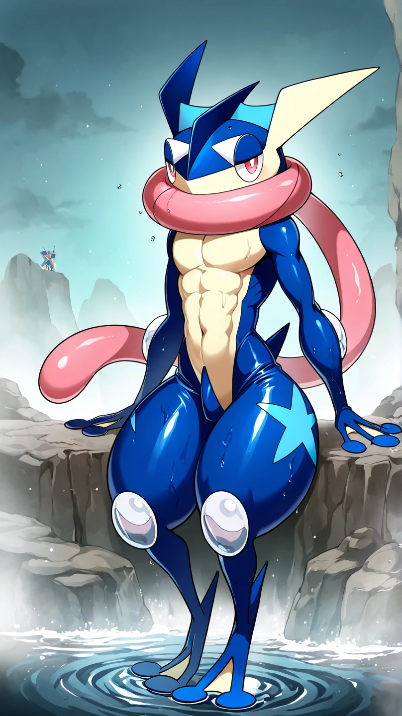 masterpiece, best quality, absurd res, by kiyosan, by null-ghost, furry, male, muscular, solo, looking at viewer, detailed background, locker room, speedo, sweat, greninja