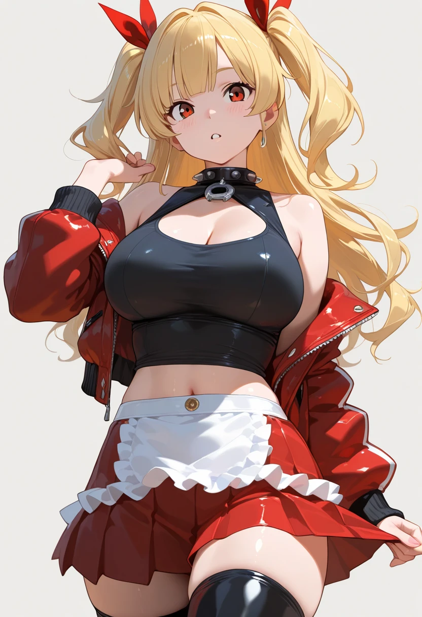masterpiece, best quality, sexy outfit, bright colors, girl, looking at viewer, white background, an anime woman with blonde hair and wearing a mask, 1girl, cat ears, breasts, animal ears, solo, mouth mask, blonde hair, thighhighs, mask, shorts, animal ear fluff, looking at viewer, large breasts, red eyes, choker, denim shorts, navel, white thighhighs, ponytail, cleavage, short shorts, shirt, cat girl, collarbone, bangs, covered nipples, long hair, cutoffs, hair bow, hand on own chest, black choker, midriff, bow, red bow, slit pupils