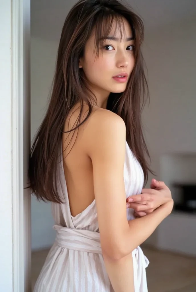 1 girl in、full body Esbian、A dark-haired、The long-haired、Huge breasts, cleavage、Shoulders exposed、(White tank top), (Loose fit), (White panties), (delicate illustration:1.4)、(masterpiece:1.0)、(top-quality:1.4)、(超A high resolution:1.2)、(Photorealsitic:1.4)、(8K、Raw photography:1.2)、(softfocus:1.4)、(15yo student:1.3)、(foco nítido:1.4)、Beautiful Fine Face, full body Esbian, frontage,Indian style, A slight smil,Bright interior
