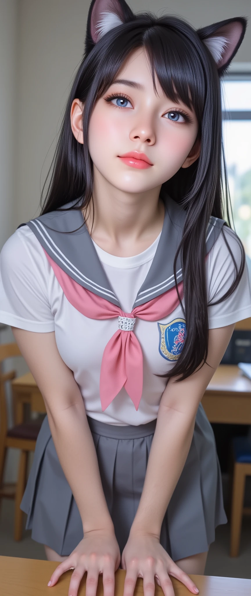 score_9, score_8_up, score_7_up, source_anime, rating_safe, expressive eyes, perfect face, illustration, ayase aragaki, small chest, long hair, cat ears, blue eyes, black hair, hair between eyes, beautiful_female_fingers,(4_fingers and 1thumb on hand), perfect hand, , skirt, school uniform, serafuku, shirt, white shirt, grey sailor collar, grey skirt, pleated skirt, neckerchief, pink neckerchief, indoors, classroom, bent over, smile, looking at viewer, cowboy shot, solo, dutch angle, feminine beauty, beautiful face and mesmerizing beauty:1.2,seductive, warm and detailed eyes:1.2, stary eyes:1.5, longfade eye brows, remarkable detailed pupils, dark kajal and long dark eye lashes:1.5, long dark eyebrows and dark heavy eyeliner:1.5, Matte eyeshadow and mascara:1.5