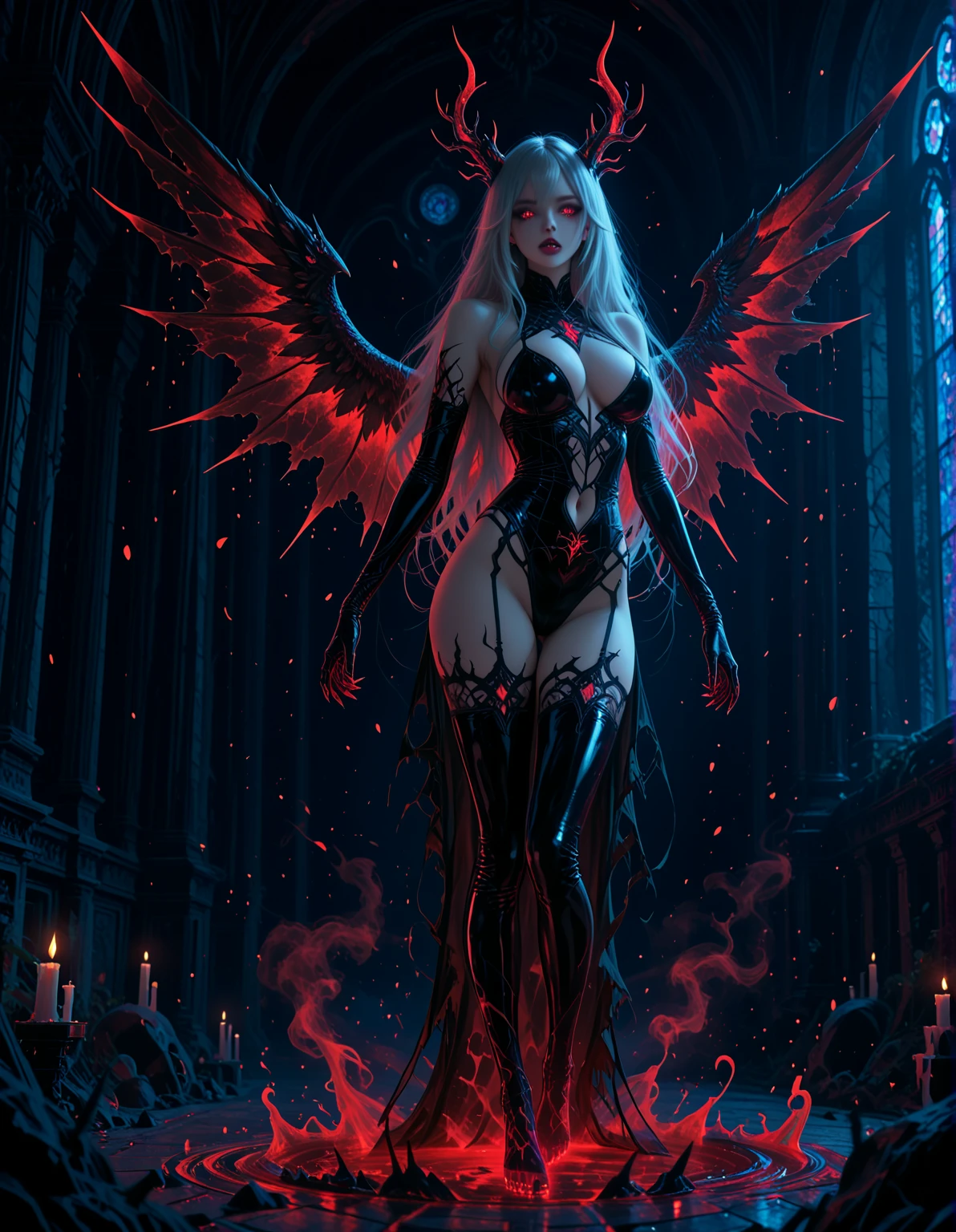 Devil, Fangs, Devil's Eyes, Heterochromic Pupils, Blackened, Gray Hair, Curly Hair, Long Hair, Winged Hair, Gothic Style, Barefoot, Devil's Wings, Devil's Horn, Staddling, Sunset, City, Dusk, Panorama Lens (Wide Angle Lens), Dark, Real