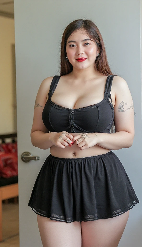 there is a woman posing in a dark room with a formal malay gamis clothes  , thick body, beautiful thick female, wide hips, thick legs, she has a jiggly fat round belly, thick thighs, curvy hourglass figure, thicc, curvy model, widest hips, hyperrealistic full figure, bbwchan, voluptuous body, thick, , ((Chubby woman:1.lump woman:1.3)), full body , , ((Detailed texture of tattooed skin)), tattoo round breasts, irezumi tattoo style, tattoo on breasts, tttattoo, showing her thigh , tattoo on thigh, 