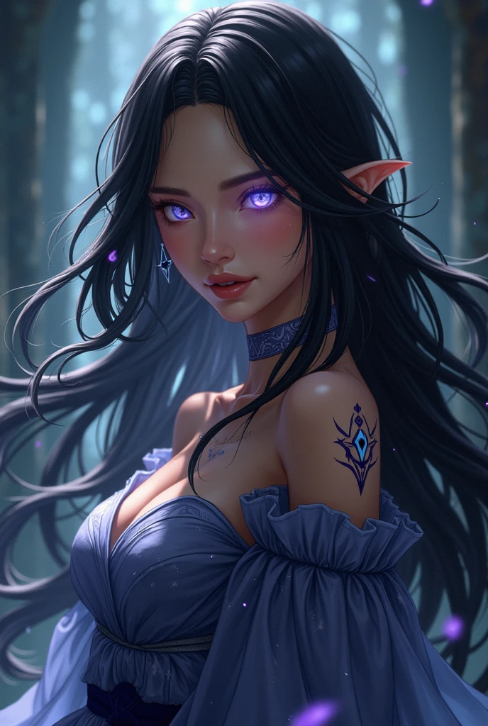 Beautiful and gorgeous elf,  neon midnight indigo,  elf woman, elf punk, glowing white tattoo, glittering, jungle, dark, siting , cool pose, beautiful magical creature like jaguar, glowing, blue stripe, firecy, both look gorgeous and firecy, forest, beautiful anime style, illustration, uhd in the style, hyperrealistic realistic,   