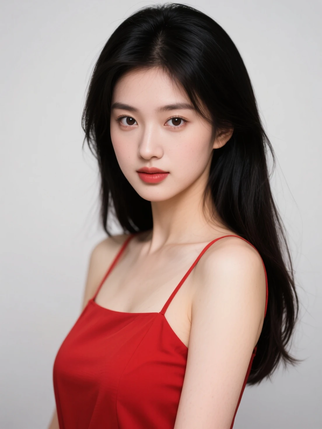Beautiful black-haired girl with brown eyes and long hair in red dress close up on face photo shoot 