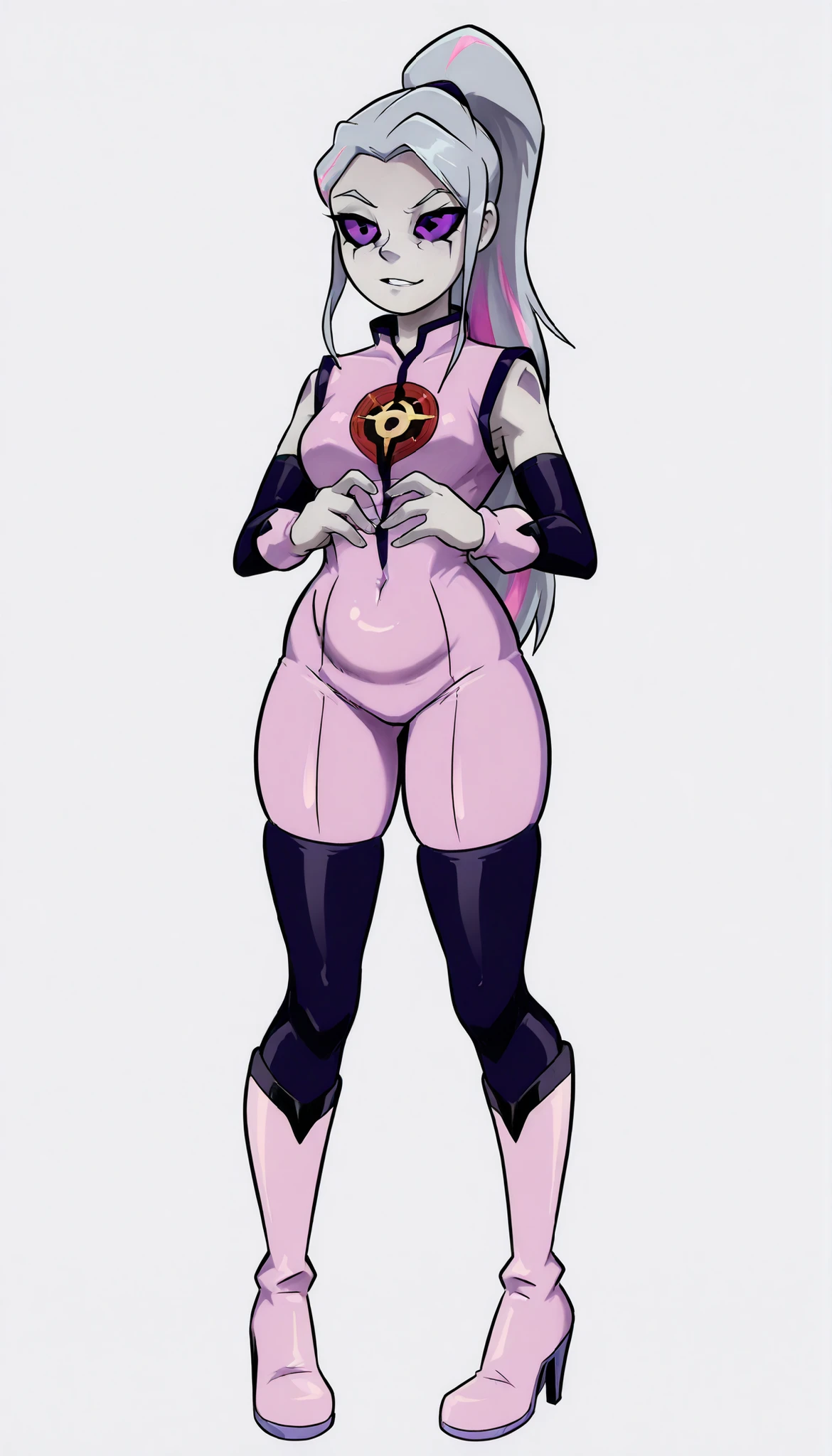 (masterpiece), best quality, expressive eyes, perfect face, (muscular:0.8), silver hair, (big breast:1.1), (curvy:1.1), ((blank background)), ((full body framing)), (thick thighs:1.2), ((big legs:1.6)), Straight hair, (fuchsia and white bodysuit:1.8), female android, plugsuit, pilot suit, (very tall girl) , perky breast:1.3, red eyes, huge girl