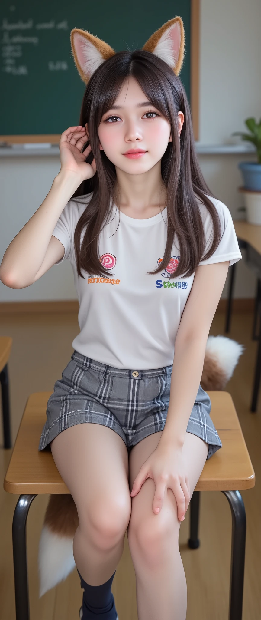 score_9, score_8_up, score_7_up, nsfw, cute japanese girl, idol, masterpiece, best quality, best detail, BREAK dynamic angle, (dynamic pose), large brown fox ears, brown fox tail, (white sexy Panty shot), (crossed legs), hand in own hair, BREAK beautiful eyes, medium straight hair, school uniform gray Plaid skirt, brown hair, smile, medium breasts, blush, embarrassed,dark navy blue socks,shoes, BREAK beautiful detailed skin, shiny skin, classroom, feminine beauty, beautiful face and mesmerizing beauty:1.2,seductive, warm and detailed eyes:1.2, stary eyes:1.5, longfade eye brows, remarkable detailed pupils, dark kajal and long dark eye lashes:1.5, long dark eyebrows and dark heavy eyeliner:1.5, Matte eyeshadow and mascara:1.5