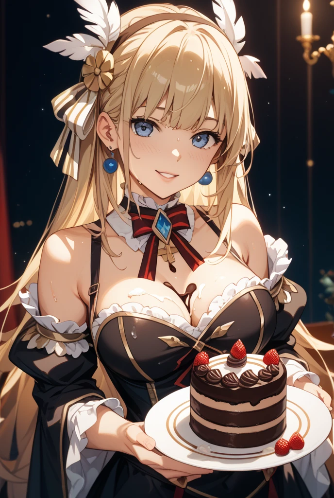masterpiece, highest quality, Sophitia Alexandre,(((Show your armpits))),blonde,March 12th is my birthday,birthday cake,inside the house,(light blue sleeveless clotheini skirt,smile,