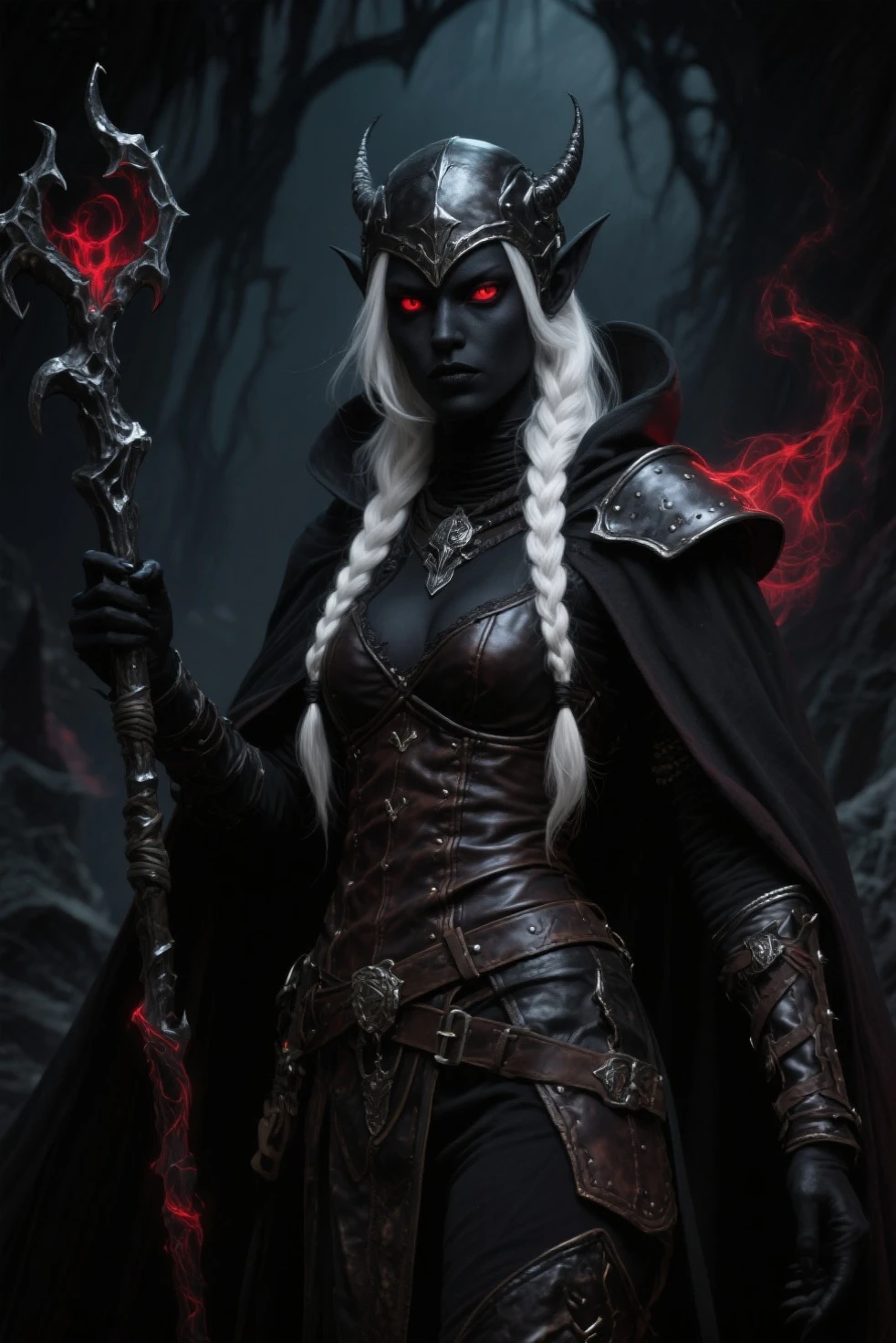 A black curvy vampire with fiery red eyes. Dark-brown skin. Very dark skin tone. Black woman. Black short hair. Red eyes. Wearing iron armor and a black cloak. Long elven ears. A vampire. Mystirious. In a dark nekropolis castle.