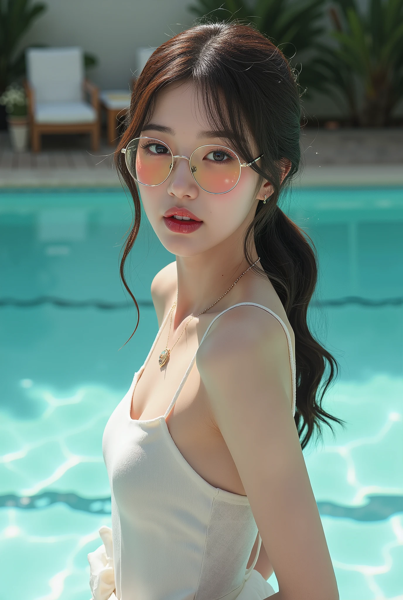 best quality, 8k, very delicate and beautiful, highly detailed face and skin texture, shiny skin, high resolution, big tits cute asian glasses girl in bikini on a beach, sharp focus