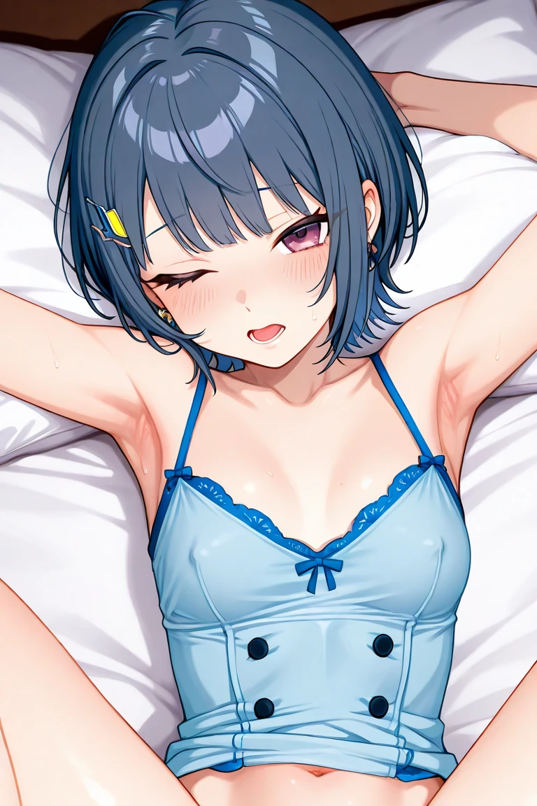 (Solo boy:1.3),fullbody,messy hair,(disappointed:1.3),embarrassed,show teeth,lying on the bed,before sex, Highest quality, High resolution, remu Suzumori,short bob cut hair,blue White border stripe bra and Panties, (flat chest:1.3),Detailed face,oily shine skin,bulge penis inside Panties,
