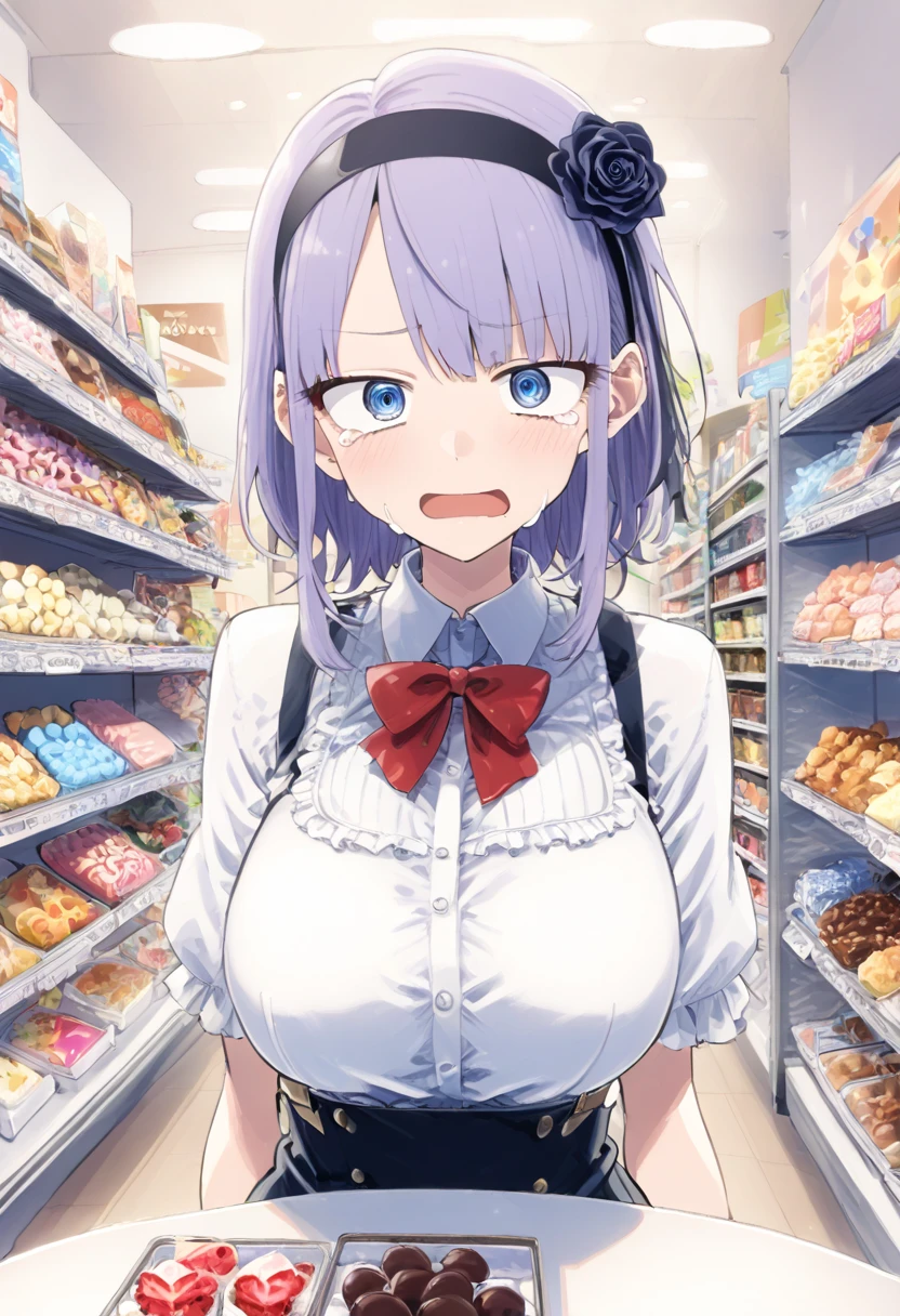 1girl, nsfw, SHIDARE_hotaru, Blue eyes, RINGED EYES, PURPLE HAIR, SHORT HAIR, hairband, hair ornament, ROSE, BOWTIE, crying, Sweets store,  local snack shop, empty eyes, large breasts, nipple, Walking, Cooking Classes, frozen, Wet, crying, Naked, (1girl) Blank look, Peeing, lactation, projectile lactation, sea
