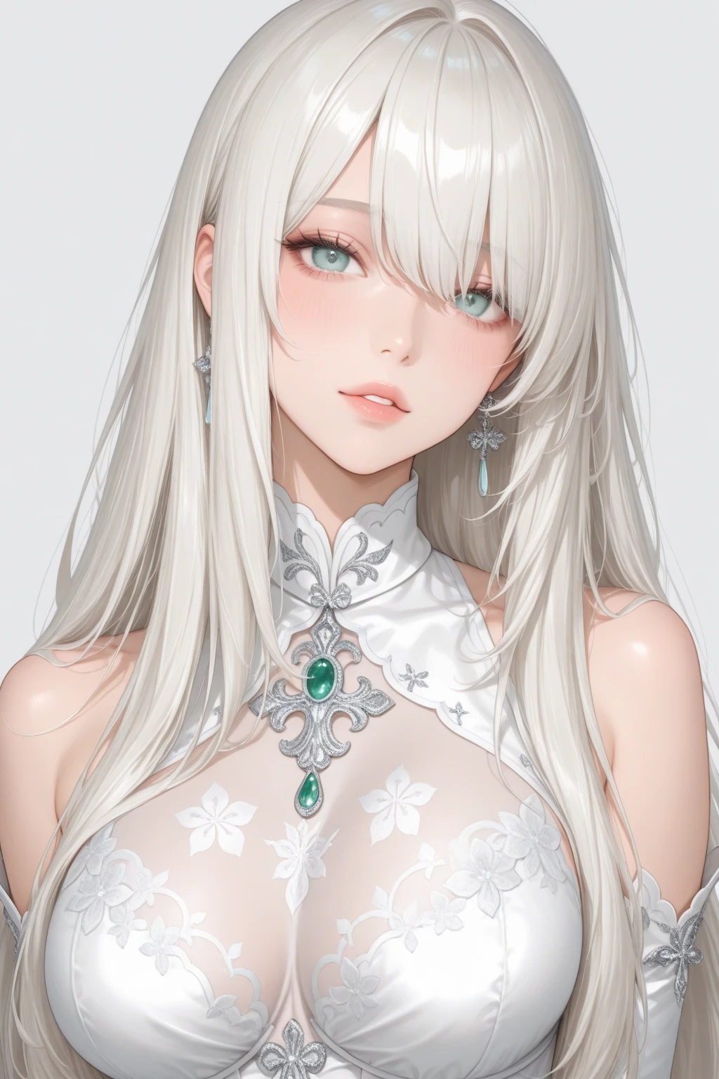 1 girl, One, Satella from anime Re:NULL, long hair, Looking at the viewer, smile, purple eyes, hair ornament, White background, jewelry, White hair, closed mouth, Blunt bangs, nail polish, bracelet, lips, grey eyes, portrait, red nails, close-up, red lips, hands on your own face, hands on your own cheeks,(mature woman),(shiny skin),((smoking body))