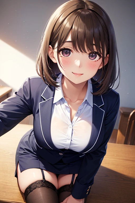 1 Girl, blush, cosmetics, Blue Uniforms, whole body, Wide Angle, from above, garden,Light, glow, thigh , clavicle, Willow Waist, (On the table), wallpaper,Wet、Micro bra that can be seen through clothes、Black short hair,Smile,greet,Hairpin,low collar,ditch,(((,pray))),Under the cherry trees,Heart-shaped neckline,Chest dew,Lend a helping hand,Uniforms,Suits,Bare legs,cute,Uniforms