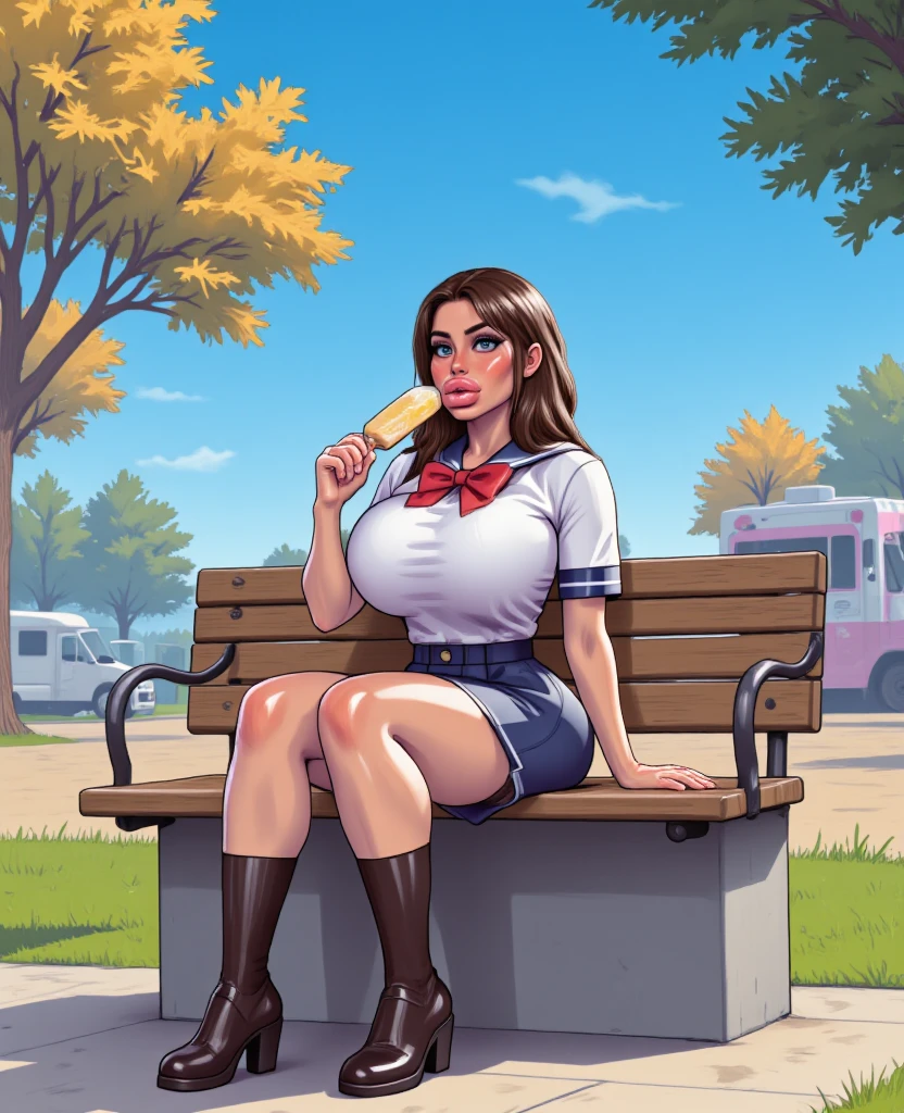 (total nudity):1.2, big natural gigantic breasts with very marked areolas, sensual and curvy body. retro pinup style, 20 year old girl sitting on a bench, style Pin up, very sexy with perfect body, surprised face talking on the phone, masterpieces, illustrated, shiny skin, Detailed face