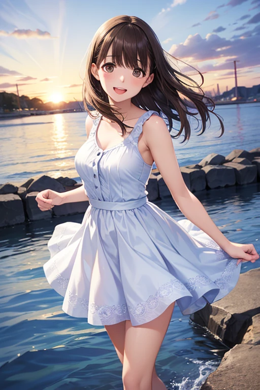 (:1.2), masterpiece, best quality, detailed, 1 girl, hair, looking at the audience, (top:1.4), (mini skirt:1.3), City, people, place one's arms behind one's back, clear sky, house, street, cafes