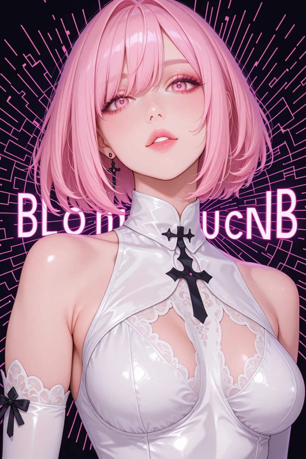 best quality, works of masters, high resolution, 1 woman, What a beautiful face, really beautiful eyes, very beautiful pink mohawk hair,(magazine cover:1.2),Trendy Harajuku style rock outfit,bare one's shoulders, highlighted super huge super huge , showing cleavage,(huge breasts:1.6), (small waist:1.1),