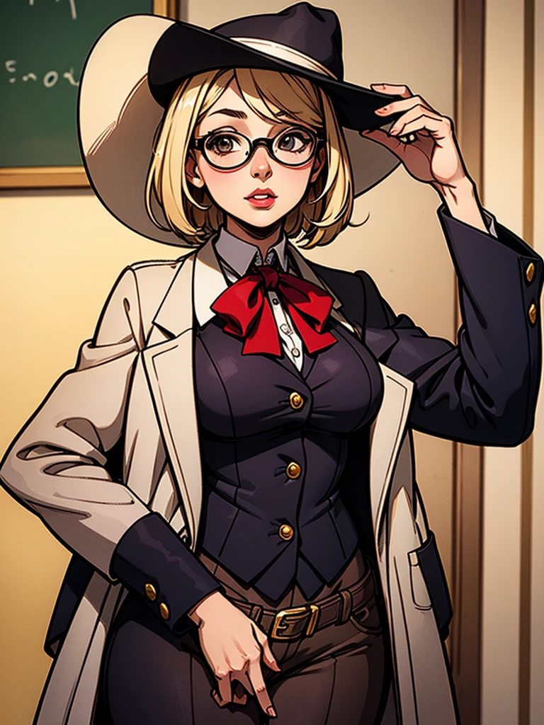 score_9, score_8_up, score_7_up, score_6_up, score_5_up, score_4_up, 1girl, solo, freckles, librarian outfit, semi transparent shirt, blonde hair tied up, hairpin, ((large hazel eyes, glasses)), dark maroon lipstick, (erect nipple under clothes, ((blushing)), seductive look, expressive, dynamic, narrow waist, wide hips, skirt, stockings, sitting, library