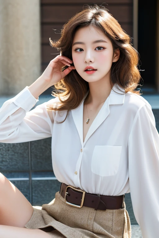 (8K, Top quality, Masterpiece: 1.2), (Realistic, Photorealistic: 1.37), Super detailed, Girl 1 person, Cute, Alone, Beautiful detailed sky, Detailed café, Night, Sitting, Date, (Blush), (Smile: 1.15),(Closed)small,Beautiful fine eyes,(Shirt with collar:1.1),Night,Wet,business dress,rain,White lace,(Medium hair:1.2), Floating hair NovaFrogStyle,