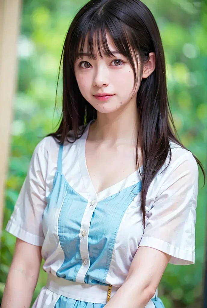 cute,  アイドルのようにcute16歳の高校生、High School Uniform、Young cute face、Very short、Smiling Kindly、High school suburban classes、High はCleavageが見えるデザイン、Small breasts、Cleavage、Nipples are visible、Forest Park、Dim lighting、whole body、RAW Photos、Genuine、Real、realism、Raw photo、High resolution、Life、No copyright notice