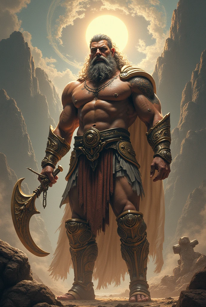 Generate an image of Hercules, the greatest hero of Greek mythology. Put a dramatic background with lightning.