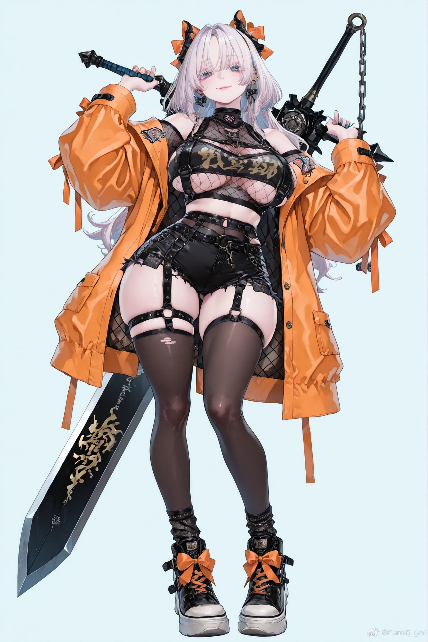 8k wallpaper、 top quality 、masterpiece, 748cm スThailandル 、sexy lacey black bralette with fishnet top beneath, woman 1 person、ribbon、piercings and earrings on her ears, black ripped punk shorts、 cute Black and Orange oversized coat with puffy sleaves and open sholders, chains and Accessories clothes, dark pantyhose and fishnet、 black knee socks 、rororogi mogera、 style strap 、 Thailand、 pantyhose、、white hair with pink lines、white albino eyelashes 、 long hair、 Underbob 、Orange ribbon bow in the head、 Pretty pastel blue Eyes、 wide hips、Protruding thighs 、 pale pinky skin, very big breasts 、close up, Light blue background 、open chest area clothes, simple background、lazy smile、 high detail design, standing up、boob window, leaning down towards the camera, cute straching pose, fullbody, orange long chinese dragon logo on her coat, huge sword on her back, punk style clothes, chest fishnet top, fishnet stocking, big cute black sport plataform sneakers, punk street's style clothes.