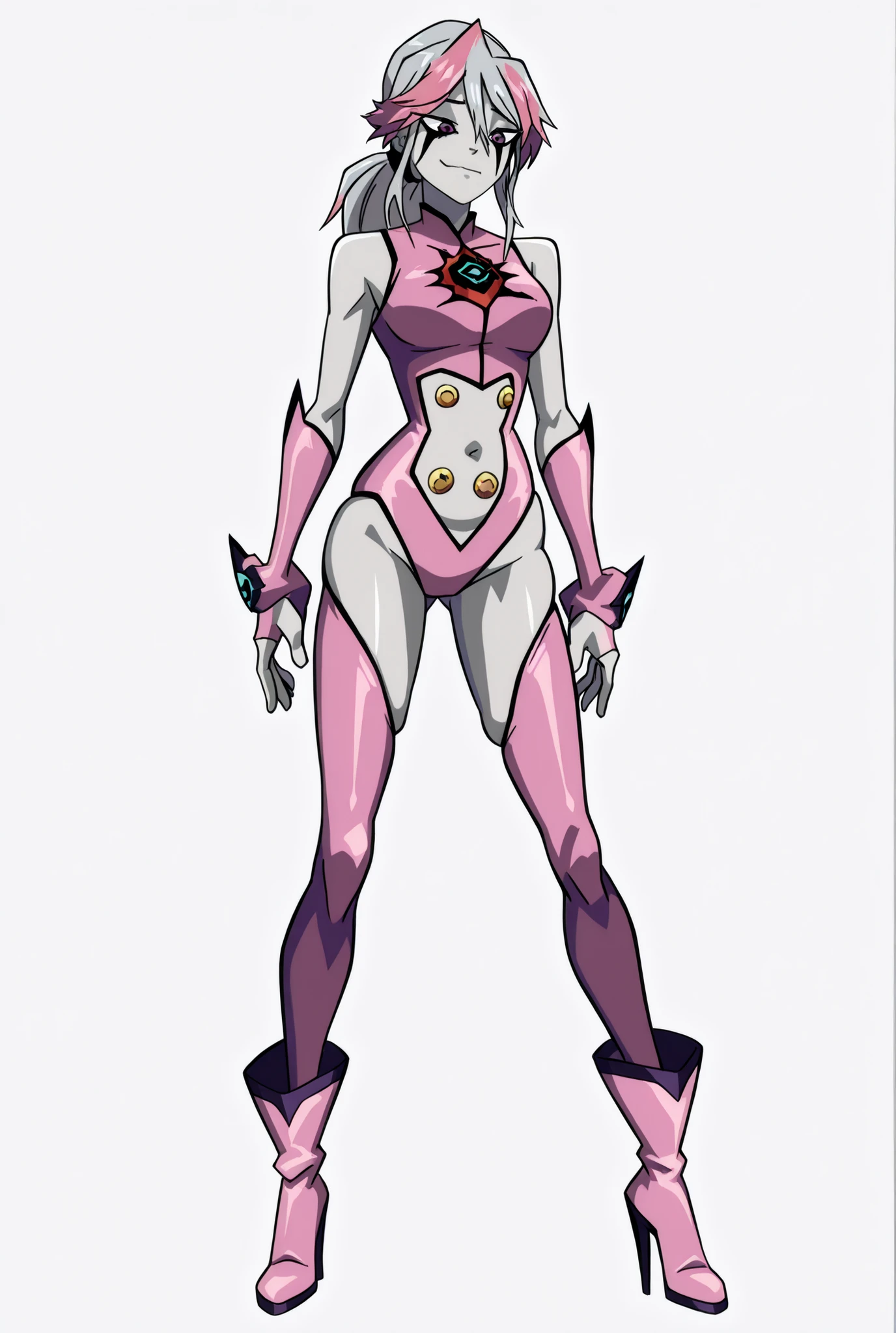 A white sensual female mannequin with all body parts separated floating whit a separation of 1.18 inches, has spots in the body whit form of purple stars, that it has six pink eyes