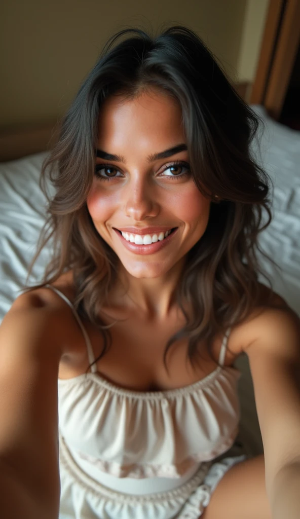 Pretty beautiful brunette, angle parfait, very detailed, , visage affectueux, long messy hair, Brown eyes, high resolution, head of'artwork, best quality,intricate details, very detailed,sharpness, detailed skin,realistic skin texture,texture, detailed eyes, professionnel, , ssmile, , 85mm,shallow depth of field,kodak vision color, eye shadow, extremely detailed, photo_\(ultra\), photorealistic, realistic, Post-traitement, maximum detail, roughness, real life, ultra realistic, photorealism, la photographie, 8k uh, la photographie, in a bed, en sous vetements, qualité photo iphone