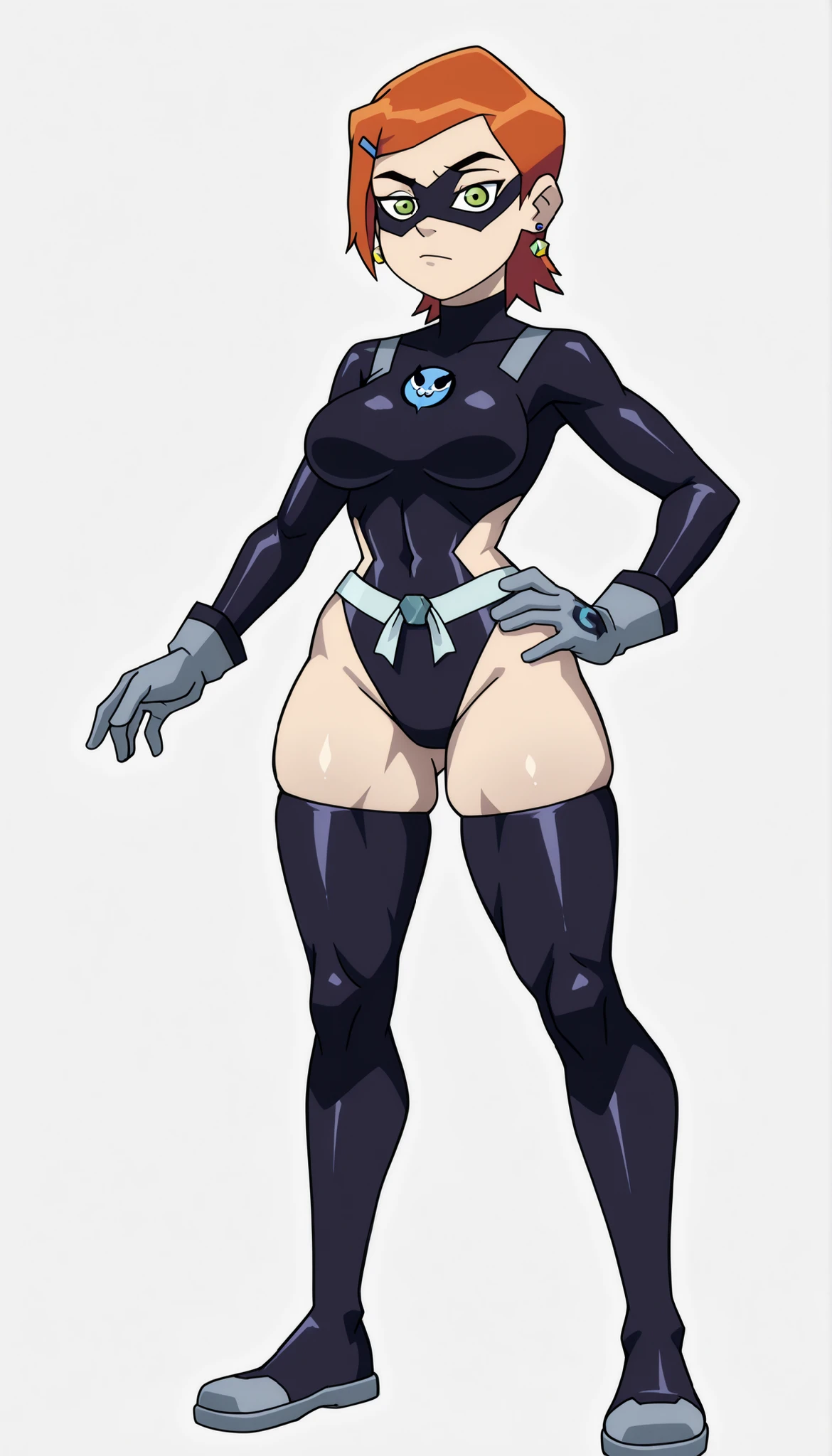 ((masterpiece)), (((best quality))), (character design sheet, same character, front, side, back), Illustration, (masterpiece), (best quality), (high res), 1lady, tall body, beautiful detailed eyes, beautiful detailed face, smiling, somber face, soft features, freckles, (perfect hands), complete fingers, perfect ???????, perfect proportions, 26 years old, ((ginger hair, bright orange hair, curly hair, ponytail)), ((green eyes)), ((tight leotard, one piece leotard, light blue leotard, sky blue leotard, blue theme, all blue costume, light skin, cheeky leotard, bare legs, thong leotard, matching leotard, long tight sleeve, heart-shaped boob window, cleavage, tight turtle-neck collar, navy blue stockings on legs)), ((boots, matching boots, skin tight boots, tight ankle-high boots, navy blue boots)), breasts, medium breasts, perky breasts (full body portrait), solo, solo focus, standing, character sheet, multiple angles, wearing the same clothing for each angle, identical look per angle, (long sleeves, navy blue gloves), (navy blue heart symbol on chest), full body costume design. (simple background, white background: 1.3), Beautiful face、Reference Sheet,Triangular diagram, 80s anime