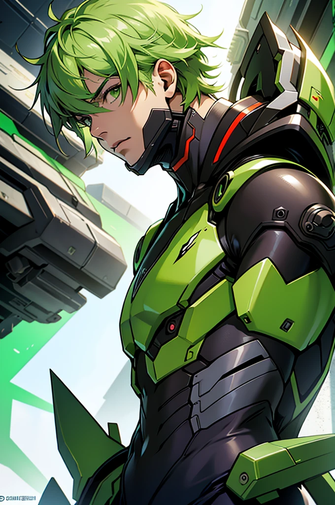 1boy, green hair, green eyes, big , mecha suit, laser, , lock target