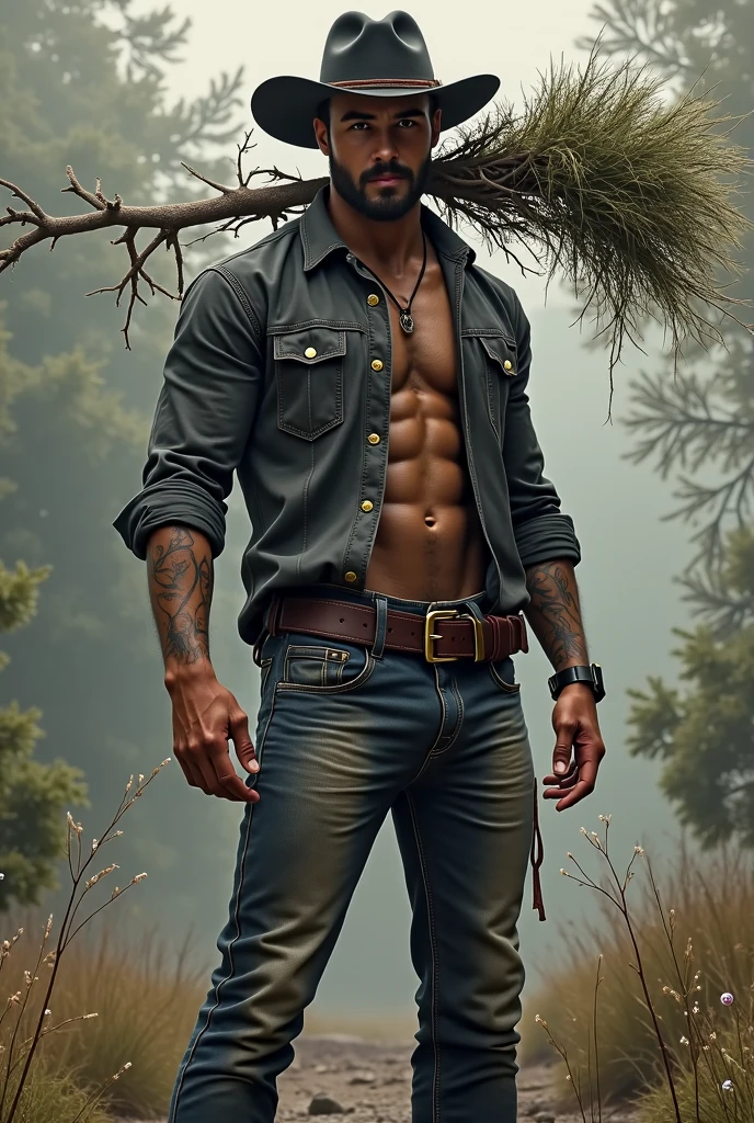 Fullbody standing picture of white skin Handsome muscular horny nude sexy man wearing full tight blue skinny jeans, shiny black Disconnected Pompadour oiled hair style, blue eyes, shiny black varnished vinyl shoes, red lip, chain, tattoos, horny, cum shot, sperm, milking penis, big penis, very big testicle, shiny oiled skin, orgasm, oversexed, standing outdoor.