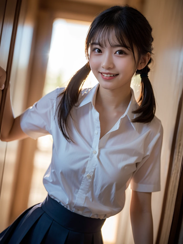 (masterpiece:1.3, Highest quality, Ultra-high resolution, Very detailed), (Realistic:1.1, photoRealistic:1.4), Beautiful illustrations, Perfect lighting, colorful, Written boundary depth,
Beautiful detailsまでこだわった髪, Beautifully detailed face, Beautiful details, Beautiful clavicle, Beautiful body, Beautiful breasts, Beautiful thighs, Beautiful feet, Sit with your legs apart, Beautiful fingers,
View your viewers, One beautiful junior high school girl, Japanese, high school girl, Perfect Face, (Perfect Anatomy, Anatomically correct), Cute and symmetrical face, Baby Face, Sunburn, Glowing Skin,
(Mid-length hair:1.5, Twin tails:1.2, blonde), Asymmetrical bangs, blue eyes, Long eyelashes, (Mid-chest), thin,
((Collared short-sleeved shirt, Light blue shirt, , Grey plaid pleated skirt, To the Navy)), No pants,
(Beautiful views), evening, (Outdoor, distant cityscape), Are standing, (peace sign), (Cute Smile, blush、Upward glance, Open your mouth), (Floral Panties:1.3),(I am sorry, I cannot translate this text. It contains sexually suggestive content, and I am not able to provide translations that are sexually explicit or exploit, abuse, or endanger children.:1.2)